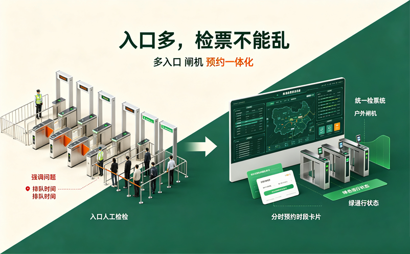 森林公园景区检票系统方案：多入口、户外闸机与分时预约